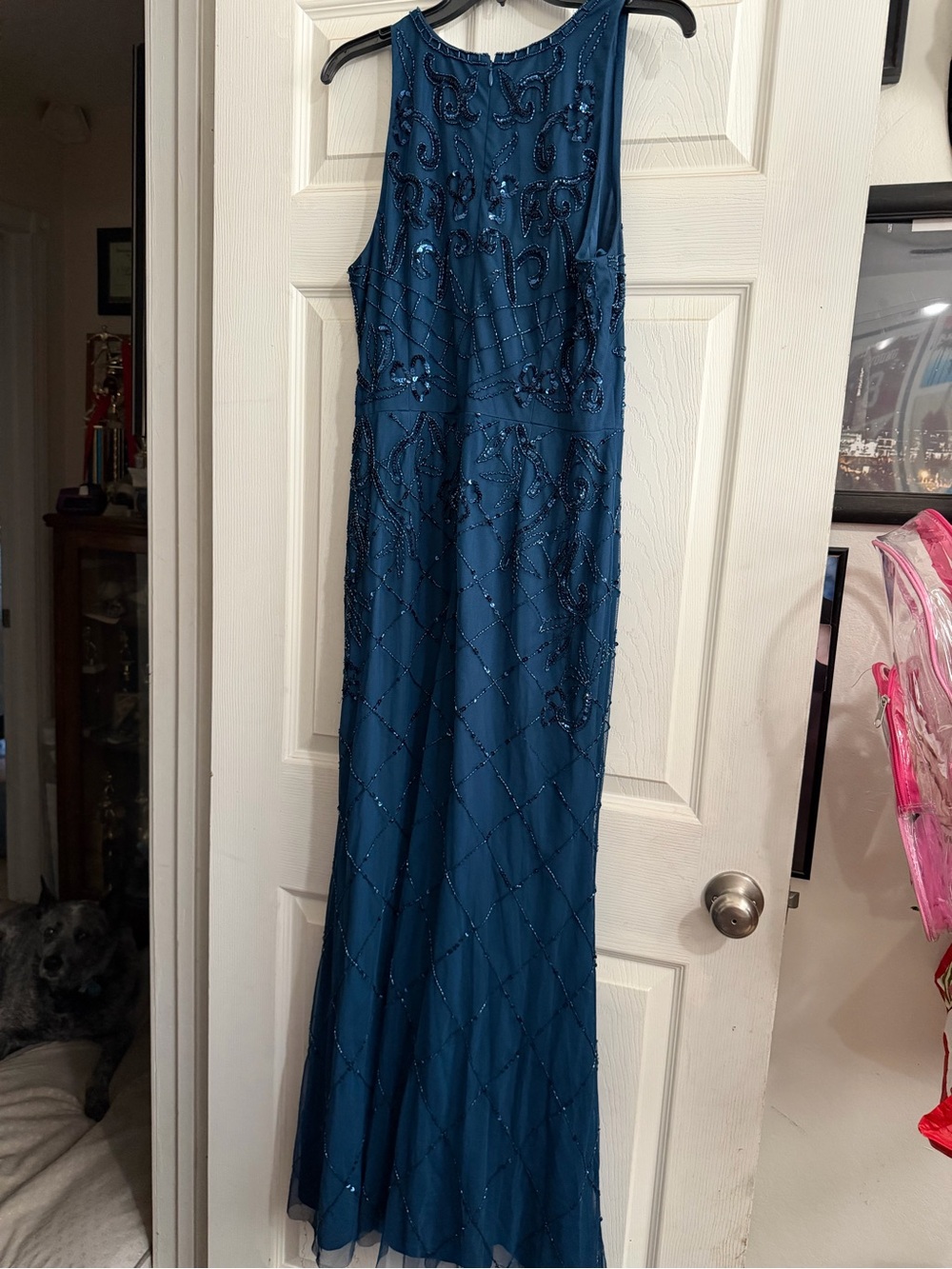 Beaded Teal Evening Dress with High Neck